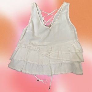 Anthropologie - Moon River White Ruffle Tank with Criss-Cross Back